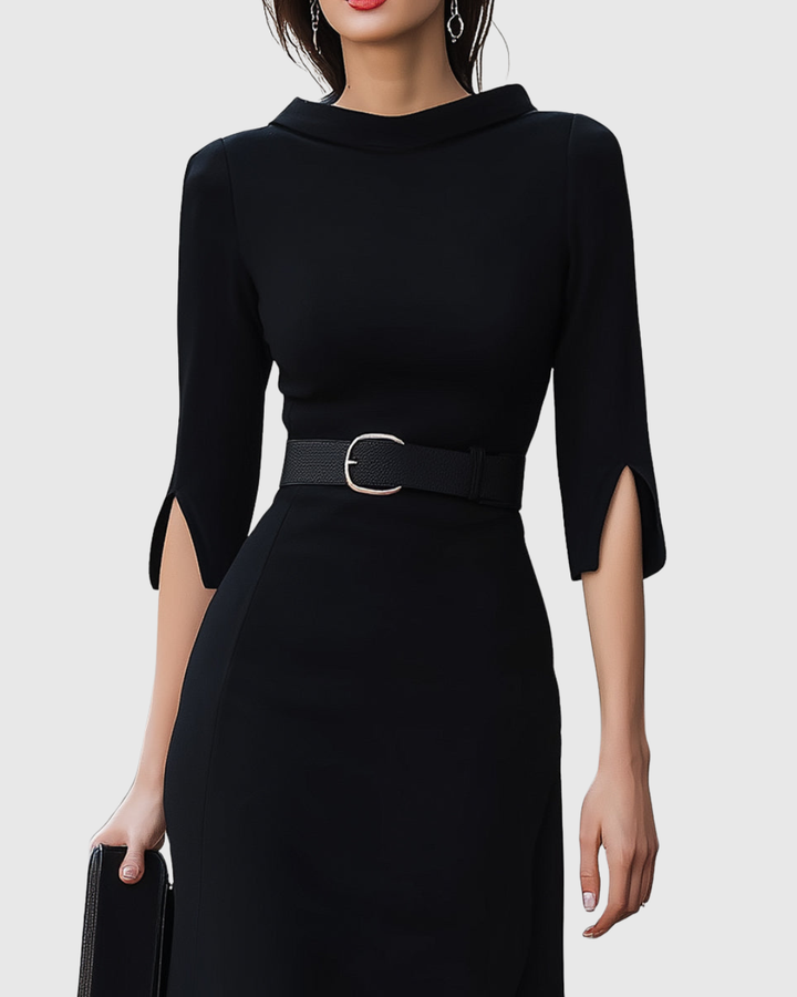 Women's Belted Asymmetric Short-Sleeve Midi Dress for Evening Wear — view 3