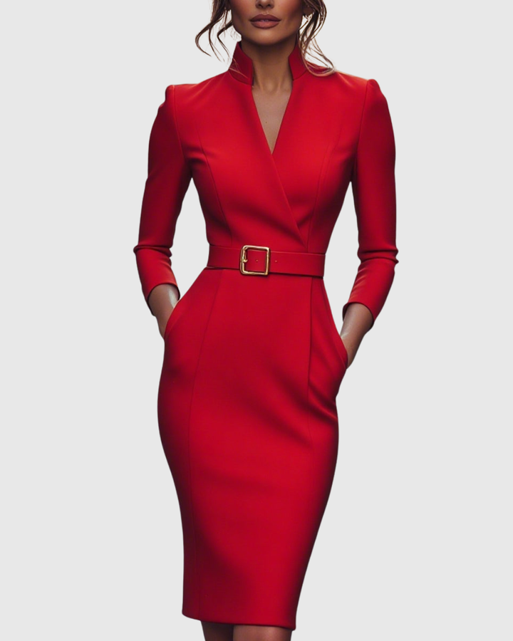 Rosamond | Women's Belted V-Neck Long Sleeve Midi Dress