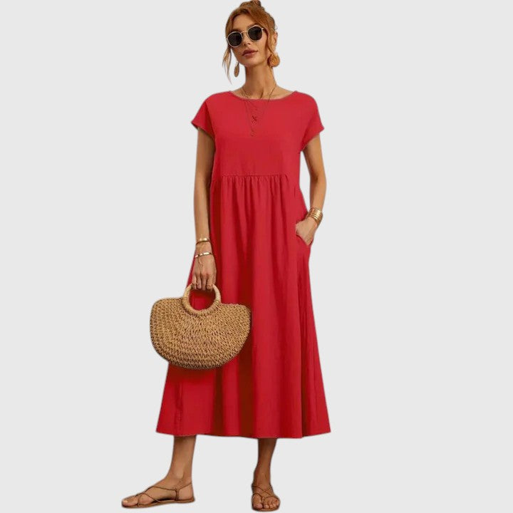Women's Relaxed-Fit Flowy Round-Neck Short-Sleeve Midi Dress for Casual Wear — view 6