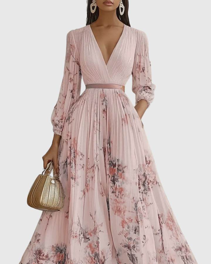 Women's Floral Pleated Tie-Waist V-Neck Maxi Dress for Formal Occasions — view 12
