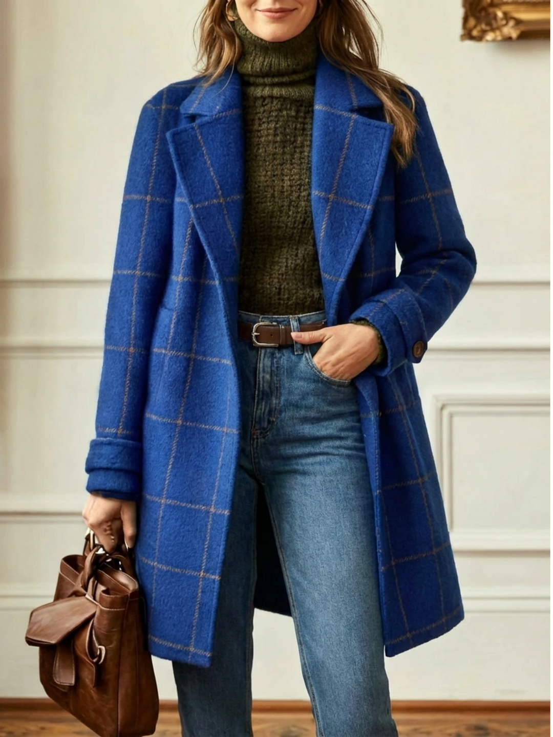 Arvae | Women's Checked Wool Blend Long Coat