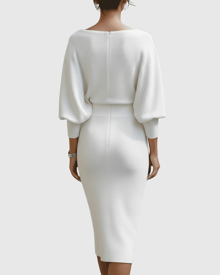 Women's Draped Fitted Cowl-Neck Long-Sleeve Midi Dress for Evening Wear — view 10