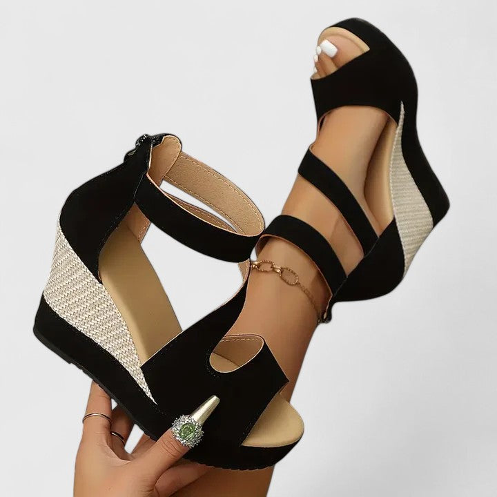 Women's Orthopedic Cushioned Wedge Elastic-Panel Sandals for Summer in Black — view 2