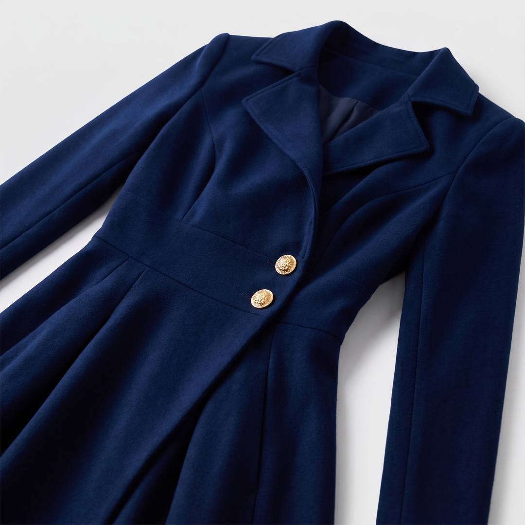 Eleanor | Women's Tailored Navy Coat Dress - fabric and button detail