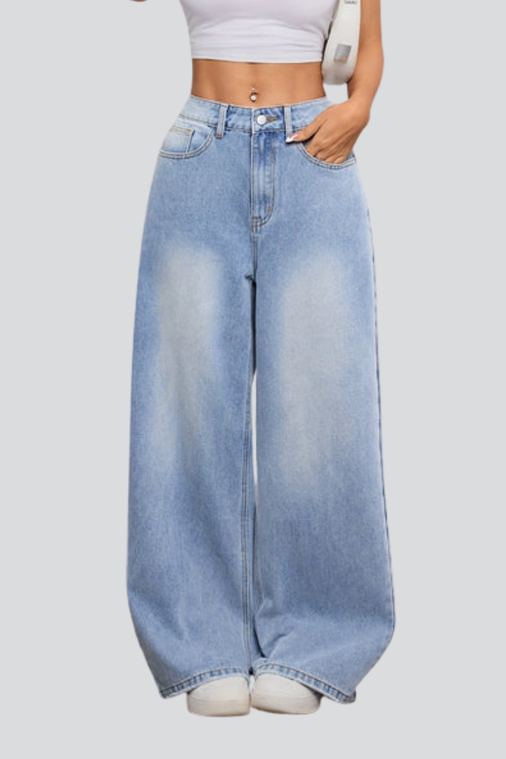 Dame Vidt benskåret Jeans med knap Lukning og Forlommer