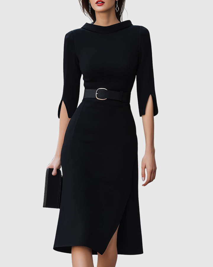 Women's Belted Asymmetric Short-Sleeve Midi Dress for Evening Wear — view 1