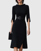 Women's Belted Asymmetric Short-Sleeve Midi Dress for Evening Wear — view 1
