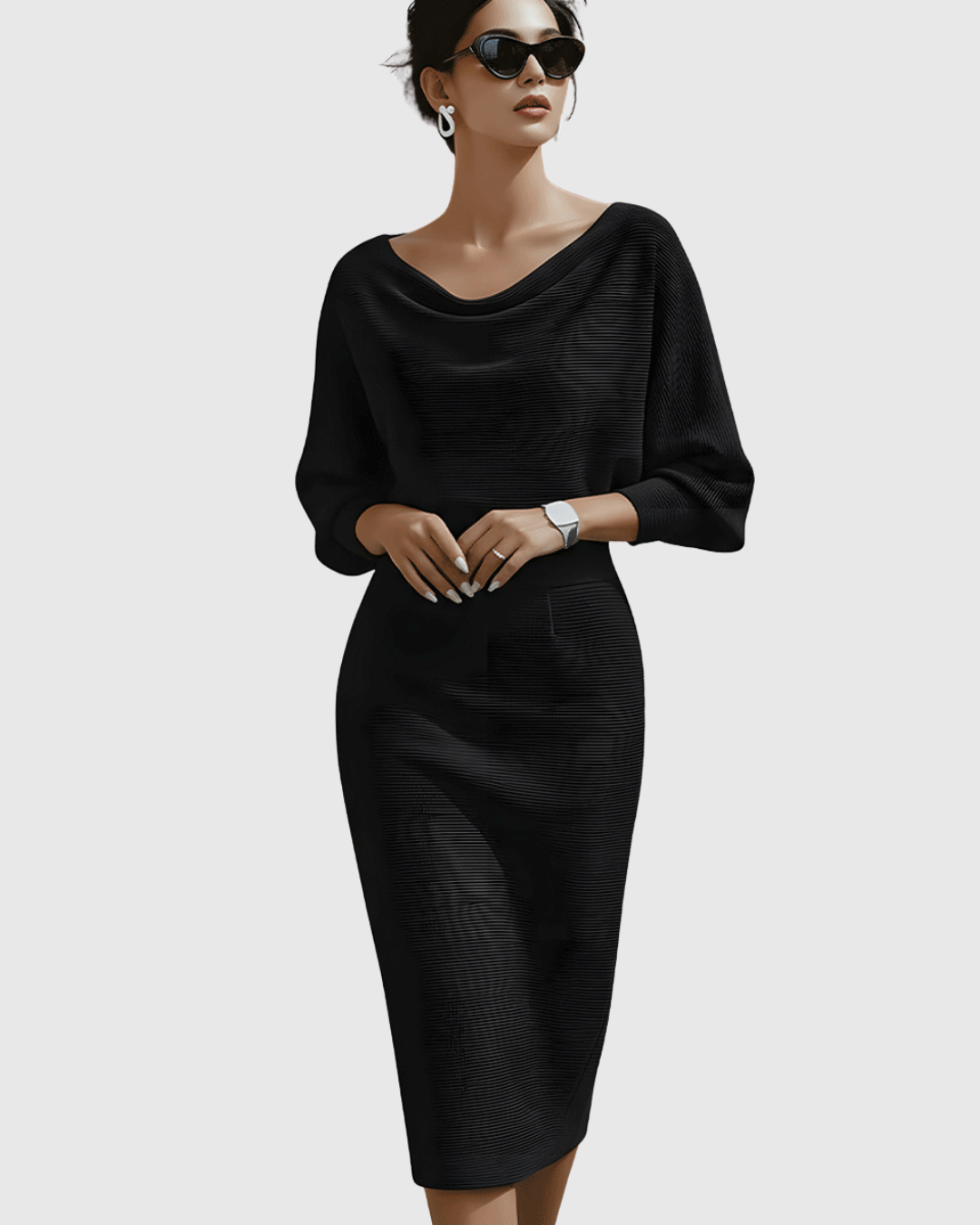 Women's Draped Fitted Cowl-Neck Long-Sleeve Midi Dress for Evening Wear — view 2