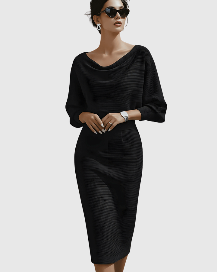 Women's Draped Fitted Cowl-Neck Long-Sleeve Midi Dress for Evening Wear — view 2