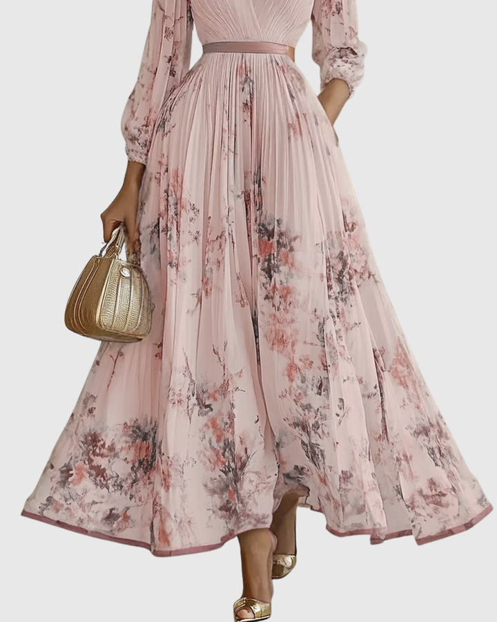 Women's Floral Pleated Tie-Waist V-Neck Maxi Dress for Formal Occasions — view 13