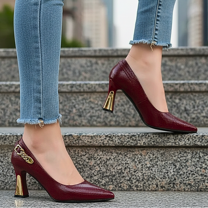 Merewyn Croc-Effect Pointed Pumps with Chain Detail - image 9