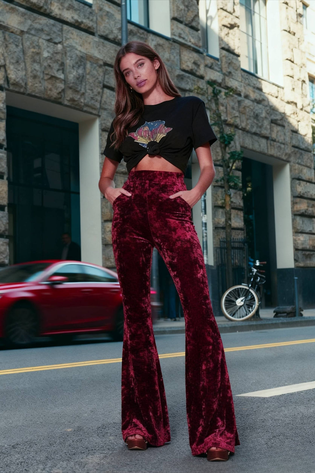 Thalia | Women's Velour High-Waisted Flared Trousers