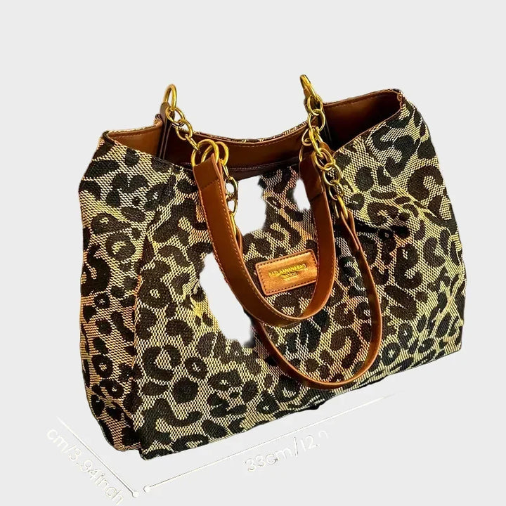 Wisteria | Women's Woven Leopard Print Tote With Chain Straps