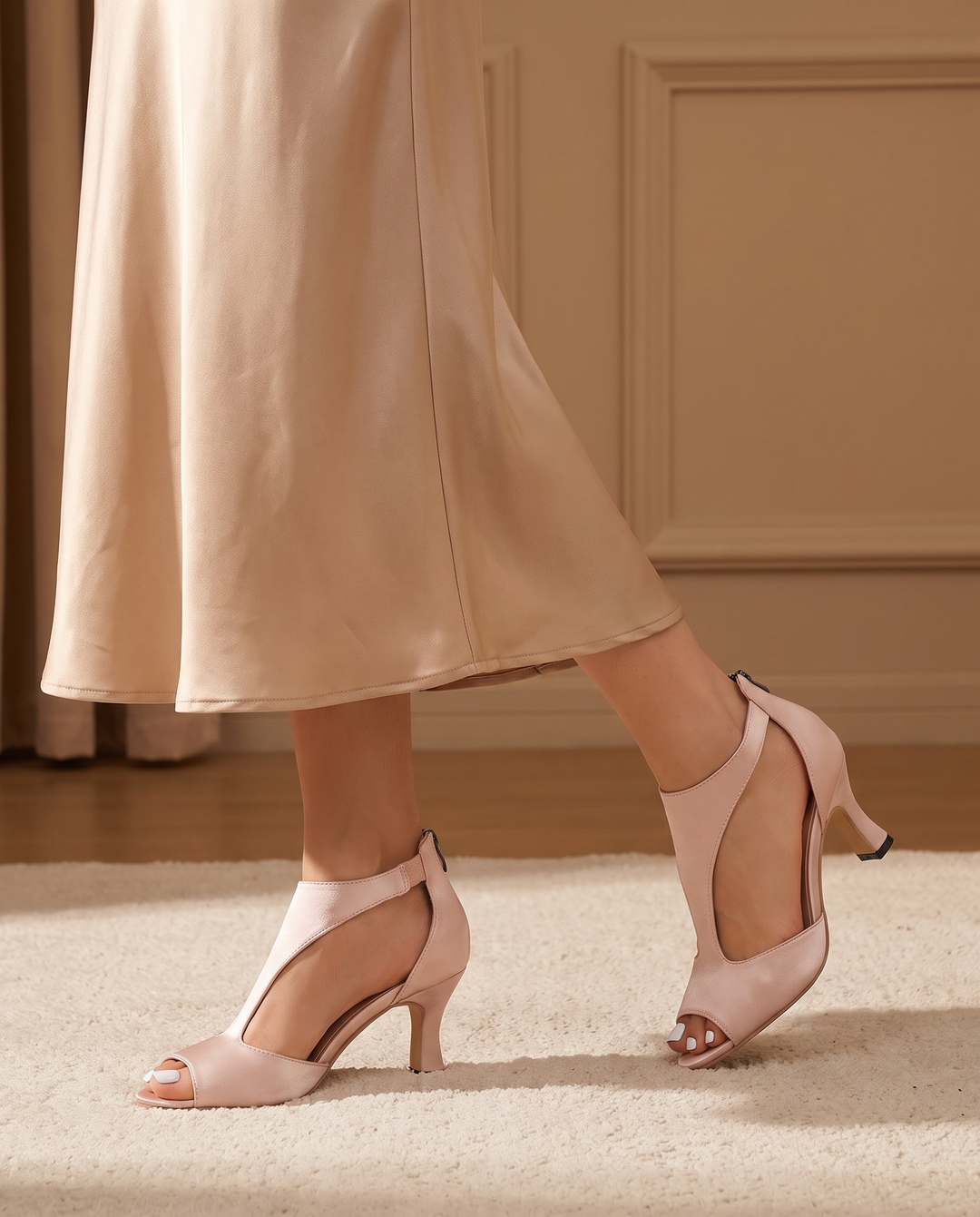 Carolin | Women's Satin Peep-Toe Evening Heels - worn on the street