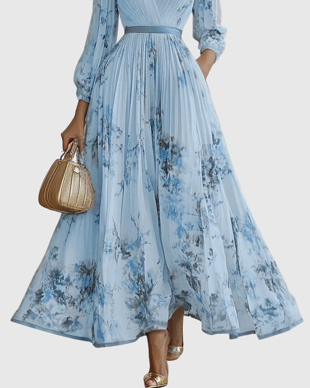 Women's Floral Pleated Tie-Waist V-Neck Maxi Dress for Formal Occasions — view 7