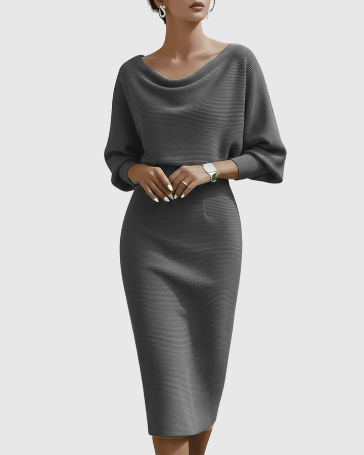 Women's Draped Fitted Cowl-Neck Long-Sleeve Midi Dress for Evening Wear — view 5