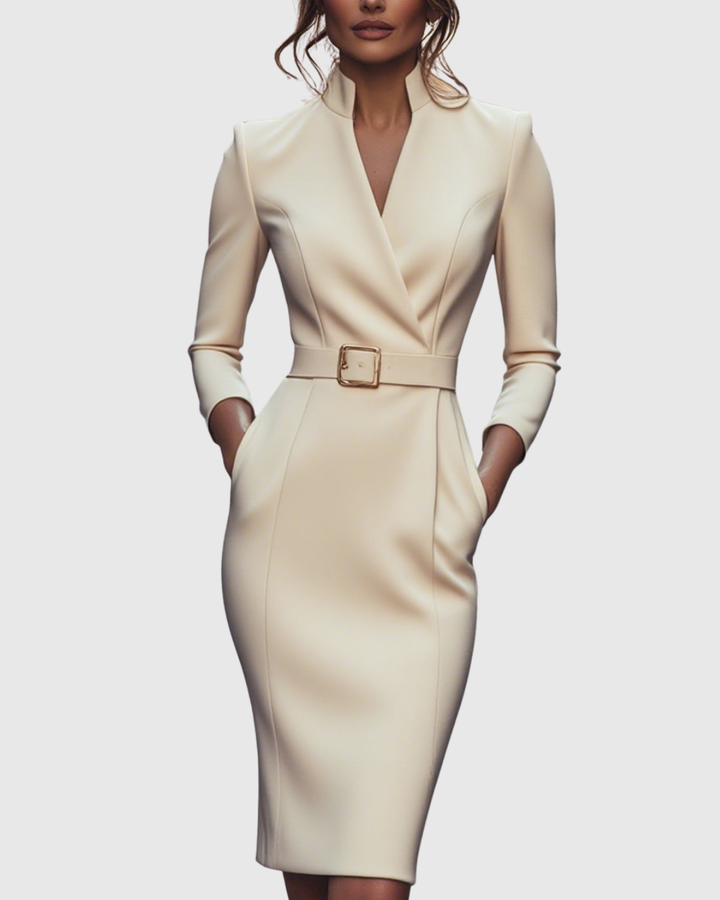 Rosamond | Women's Belted V-Neck Long Sleeve Midi Dress
