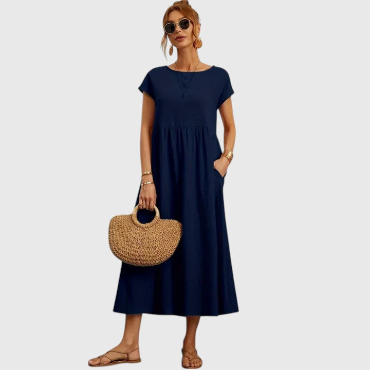 Women's Relaxed-Fit Flowy Round-Neck Short-Sleeve Midi Dress for Casual Wear — view 1