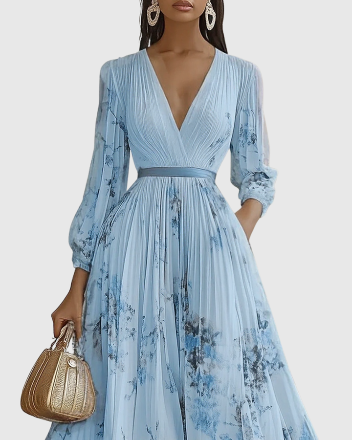 Women's Floral Pleated Tie-Waist V-Neck Maxi Dress for Formal Occasions — view 5