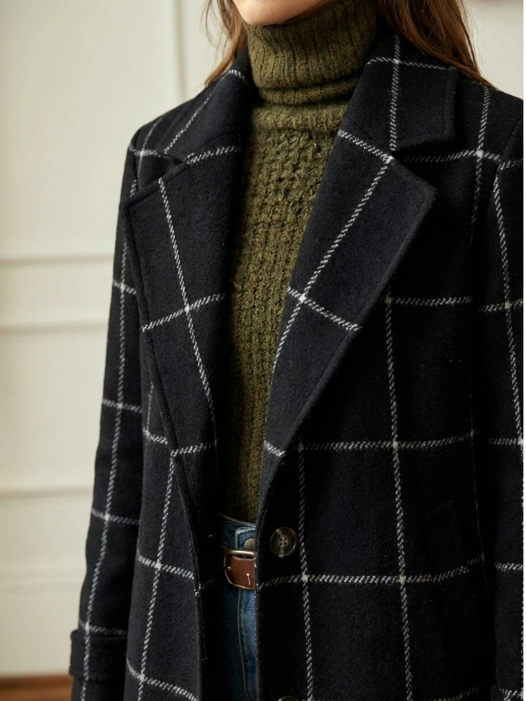 Arvae | Women's Checked Wool Blend Long Coat