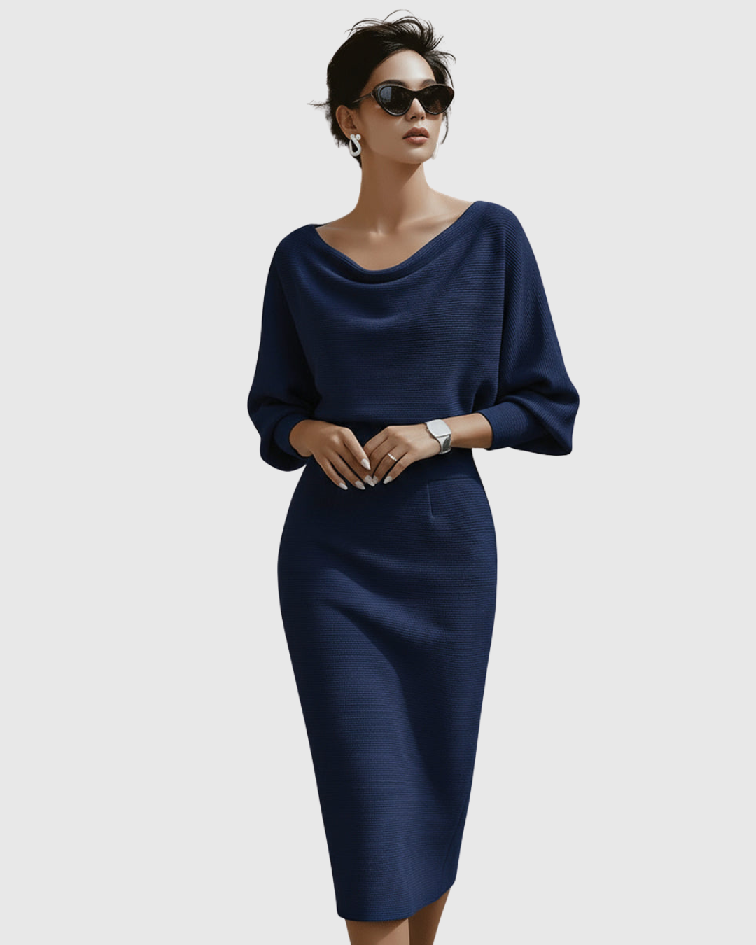 Women's Draped Fitted Cowl-Neck Long-Sleeve Midi Dress for Evening Wear — view 1