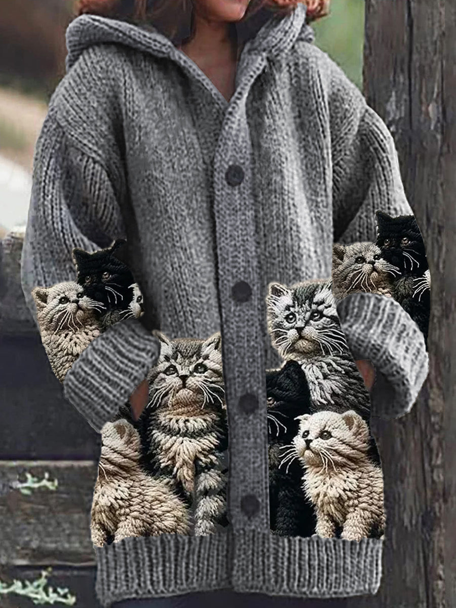 Coralia | Women's Cat Print Hooded Button Cardigan