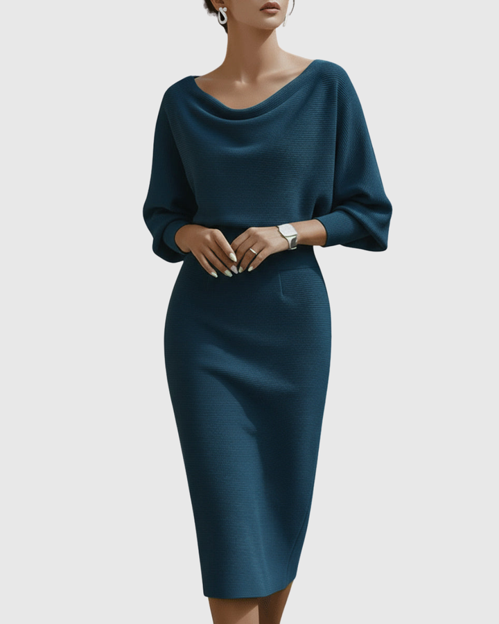 Women's Draped Fitted Cowl-Neck Long-Sleeve Midi Dress for Evening Wear — view 6