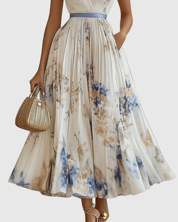 Women's Floral Pleated Tie-Waist V-Neck Maxi Dress for Formal Occasions — view 3