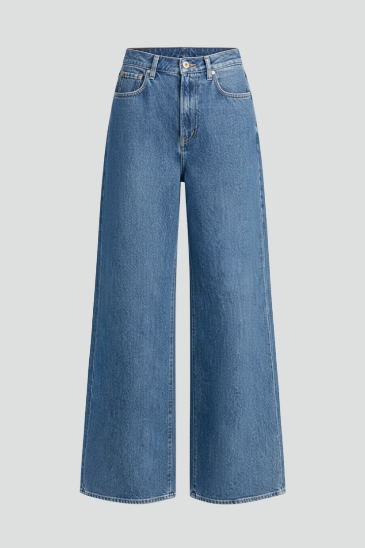 Dame Vidt benskåret Jeans med knap Lukning og Højtaljet