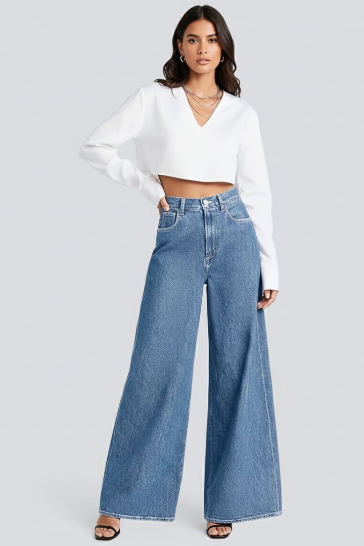 Dame Vidt benskåret Jeans med knap Lukning og Højtaljet