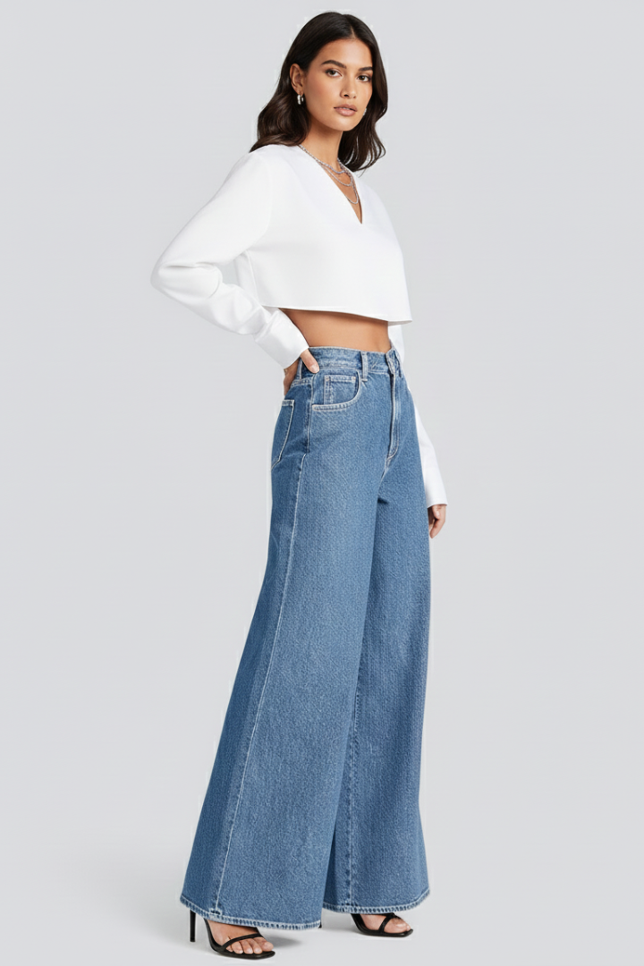 Dame Vidt benskåret Jeans med knap Lukning og Højtaljet