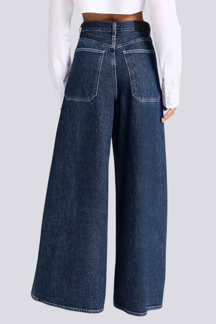 Dame Vidt benskåret Jeans med knap Lukning og Højtaljet