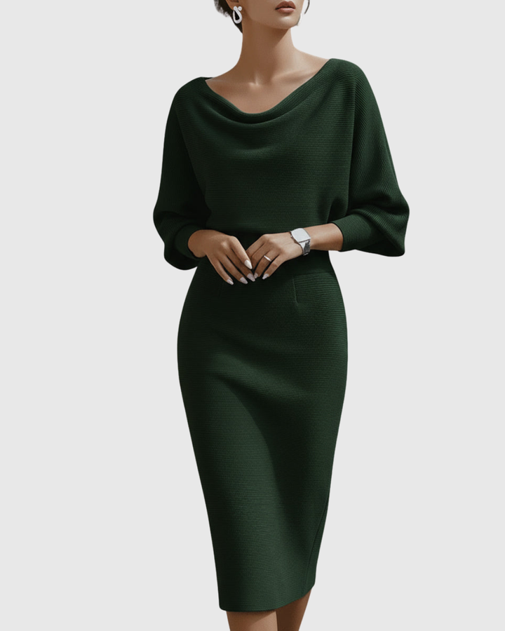 Women's Draped Fitted Cowl-Neck Long-Sleeve Midi Dress for Evening Wear — view 4