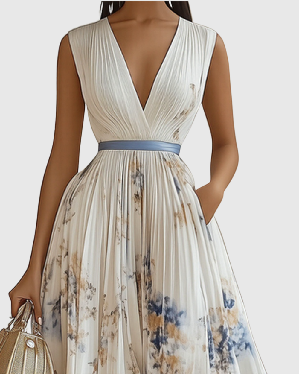 Women's Floral Pleated Tie-Waist V-Neck Maxi Dress for Formal Occasions — view 2