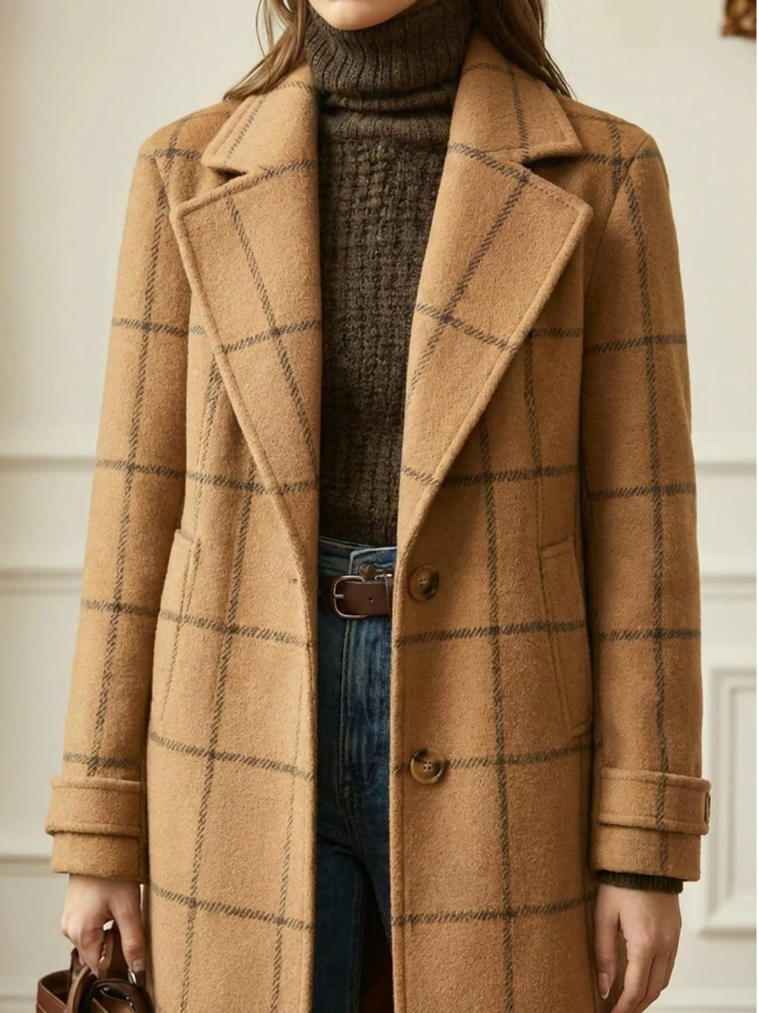 Arvae | Women's Checked Wool Blend Long Coat