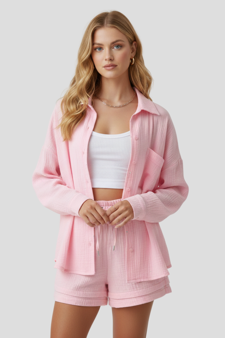 Dame todelt sæt med oversized bluse og muslin-shorts