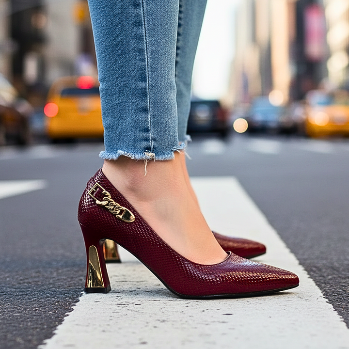 Merewyn Croc-Effect Pointed Pumps with Chain Detail - image 8