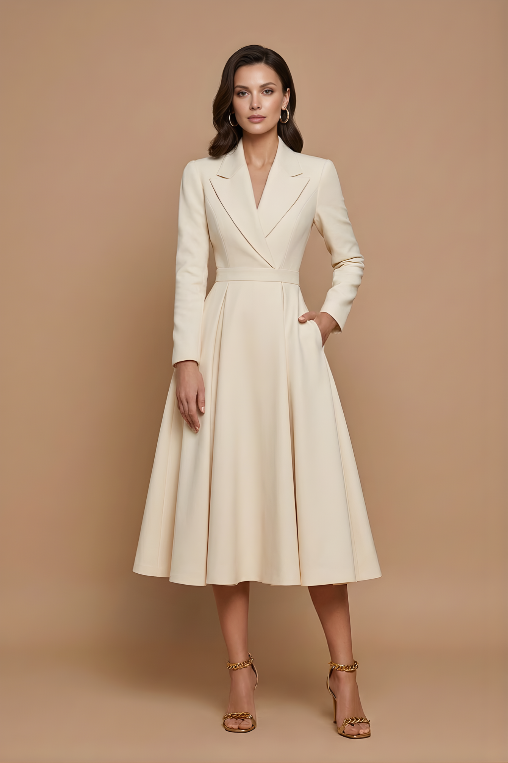 Katriona | Women's Long-Sleeve Belted Midi Dress for Wedding Guests in Apricot