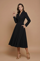 Katriona | Women's Long-Sleeve Belted Midi Dress for Wedding Guests in Black
