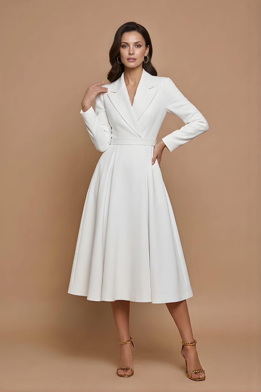 Katriona | Women's Long-Sleeve Belted Midi Dress for Wedding Guests in White