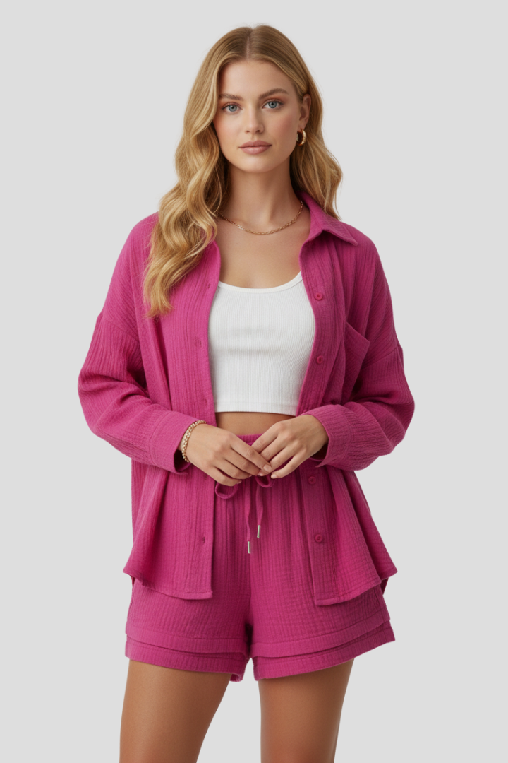 Dame todelt sæt med oversized bluse og muslin-shorts