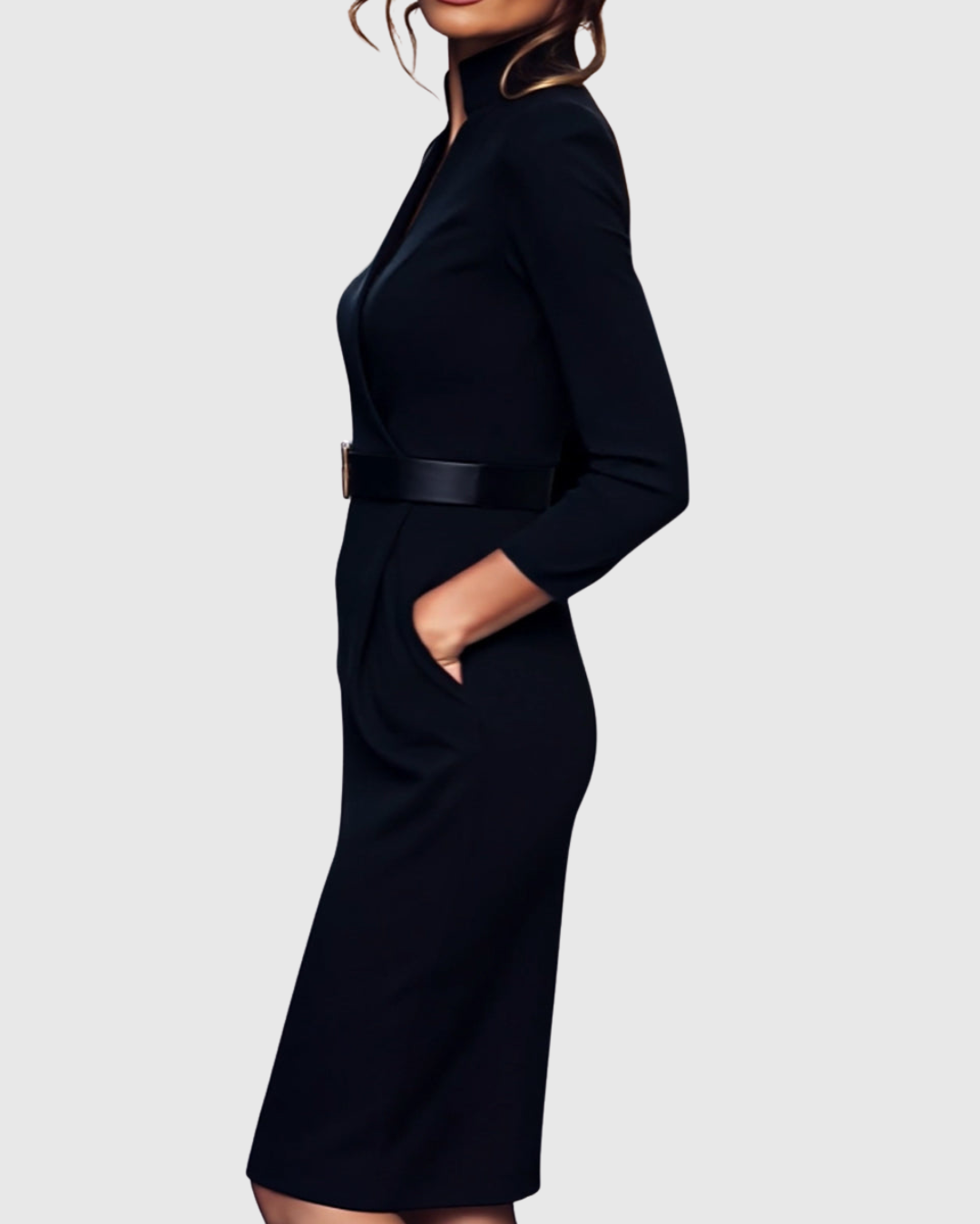 Rosamond | Women's Belted V-Neck Long Sleeve Midi Dress