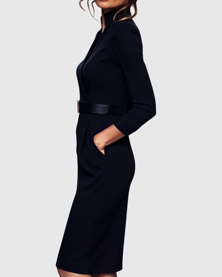 Rosamond | Women's Belted V-Neck Long Sleeve Midi Dress