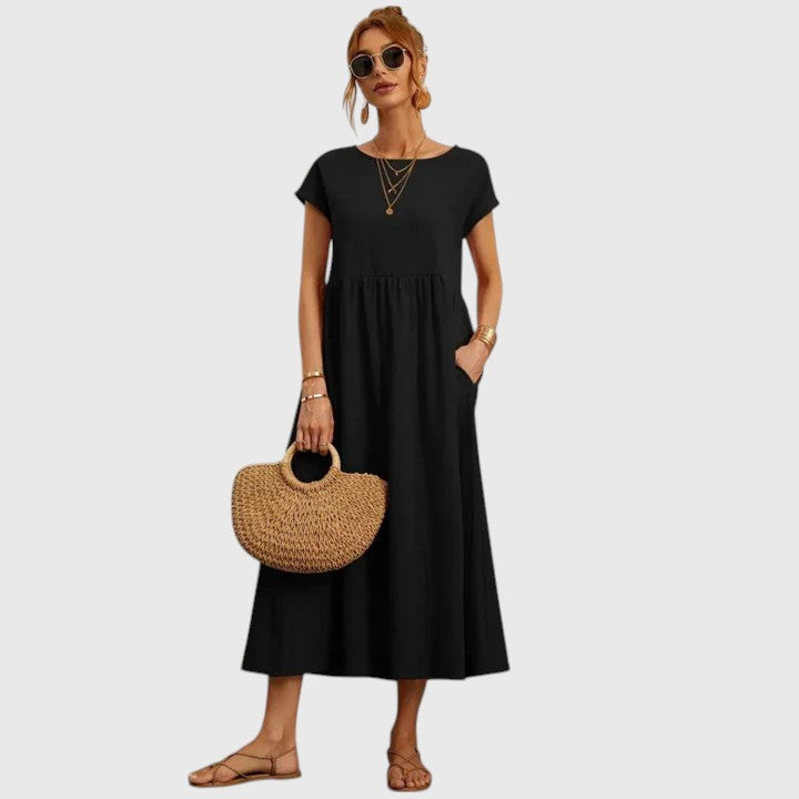Women's Relaxed-Fit Flowy Round-Neck Short-Sleeve Midi Dress for Casual Wear — view 2