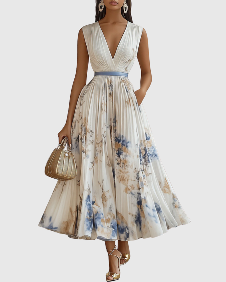 Women's Floral Pleated Tie-Waist V-Neck Maxi Dress for Formal Occasions — view 1