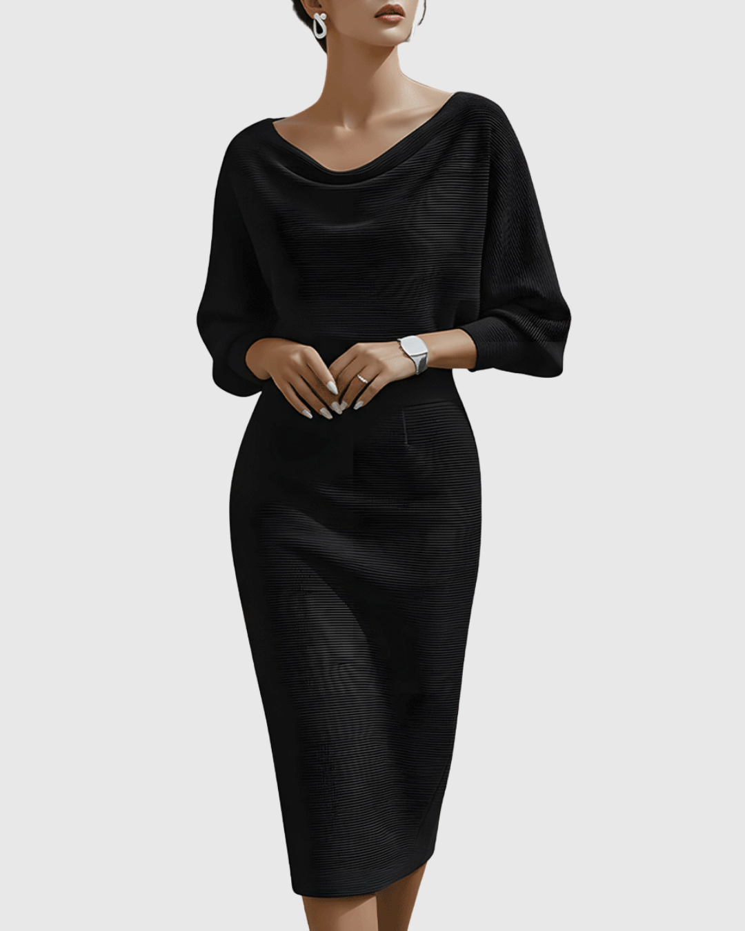 Women's Draped Fitted Cowl-Neck Long-Sleeve Midi Dress for Evening Wear — view 3