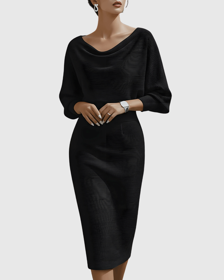 Women's Draped Fitted Cowl-Neck Long-Sleeve Midi Dress for Evening Wear — view 3
