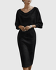Women's Draped Fitted Cowl-Neck Long-Sleeve Midi Dress for Evening Wear — view 3