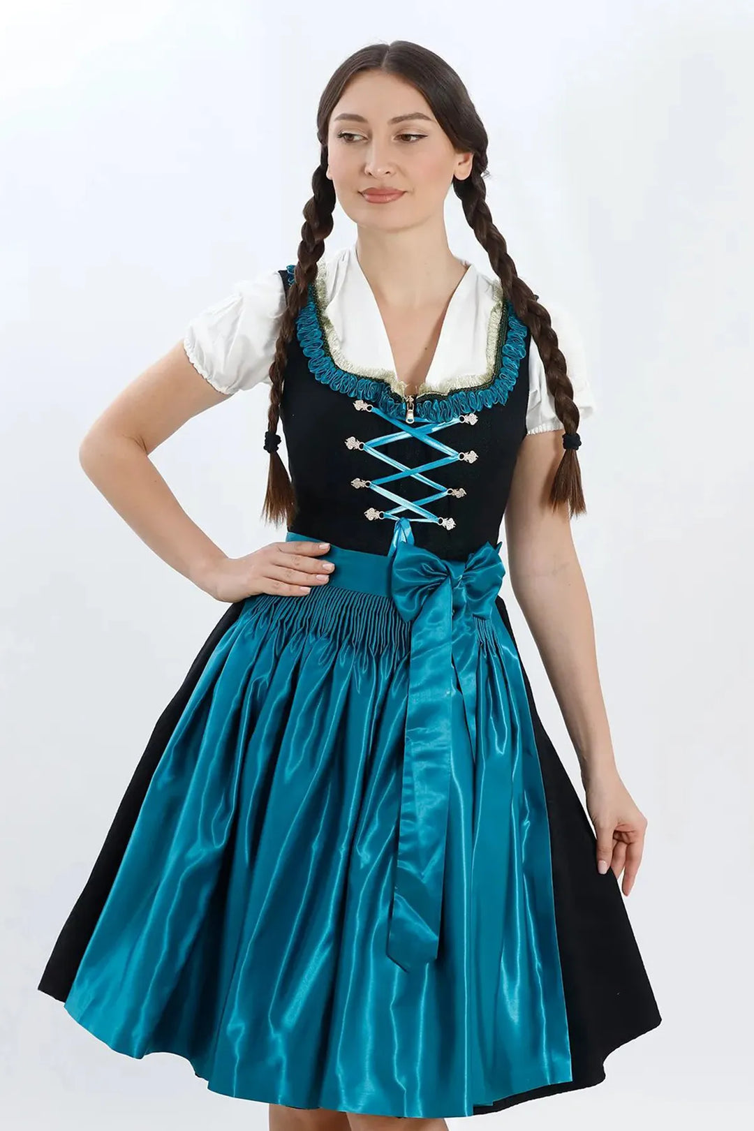 Vroni | Women's Midi Dirndl Dress with Teal Satin Apron - view 2