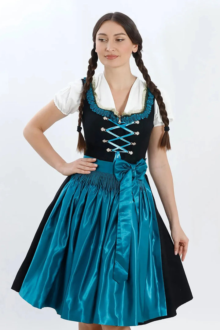Vroni | Women's Midi Dirndl Dress with Teal Satin Apron - view 2
